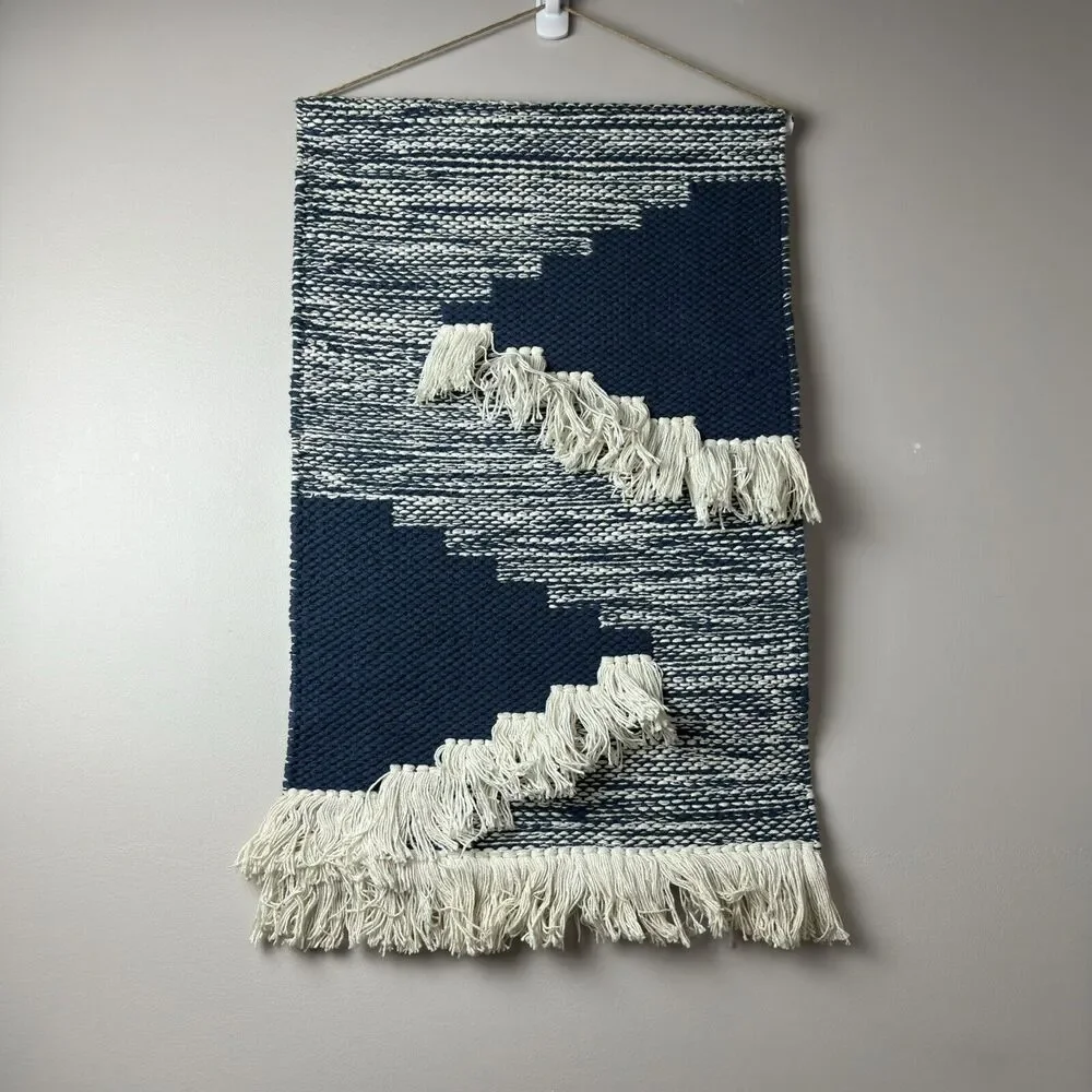 Bohemian Blue And White Fringed Wall Hanging